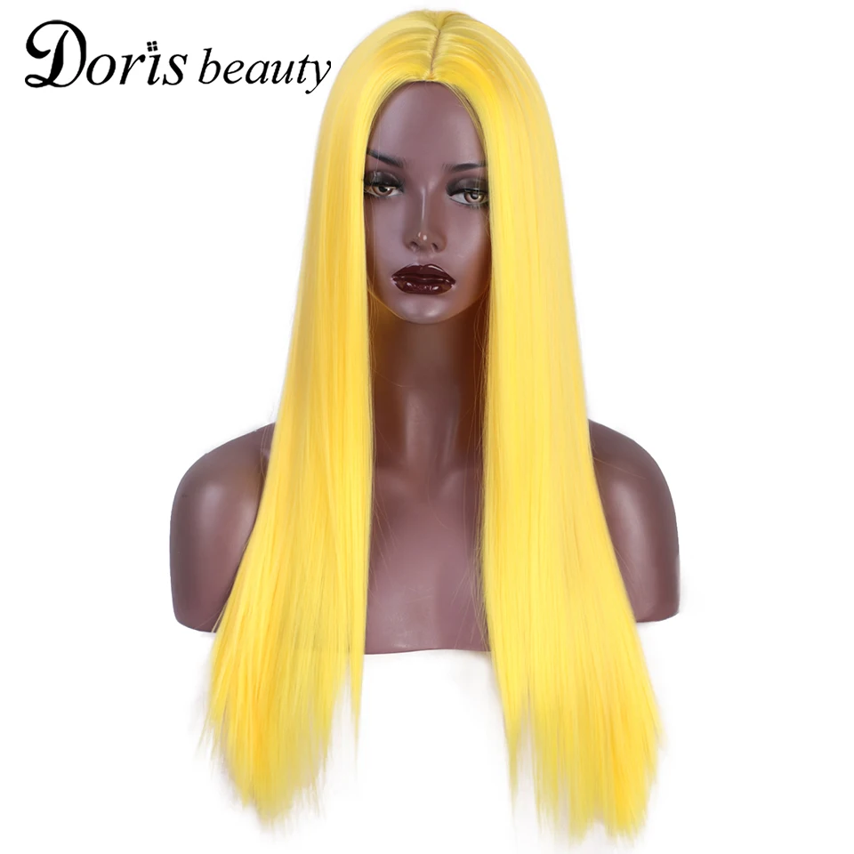 Doris Beauty Synthetic Long Straight Blonde Purple Orange Wig for Women Natural Middle Part Cosplay Wig