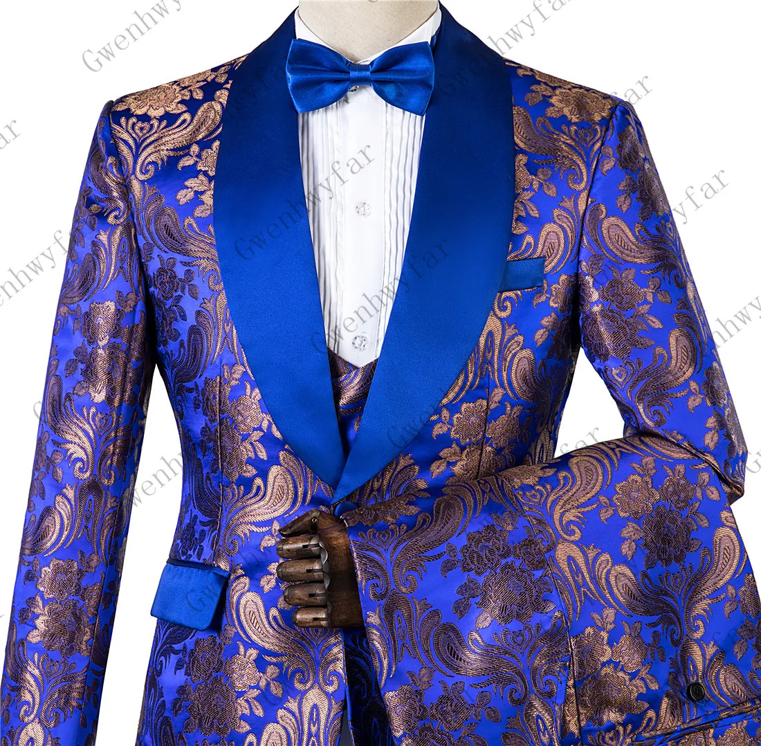 Mens Suits Tuxedos Custom-Made Royal-Blue Pieces Slim-Fit Three Regular for Groom Big-Sizes