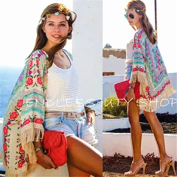 

2020 Women Ladies Summer 3/4 Sleeve New Boho Hippie Tassels Shawl Top Floral Kimono Loose Jacket Cardigan