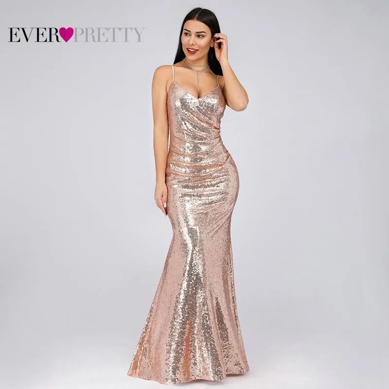 Plus Size Gold Sequined Evening Dresses Ever Pretty Mermaid V-Neck Elegant Women Formal Party Long Dresses Abendkleider 2020