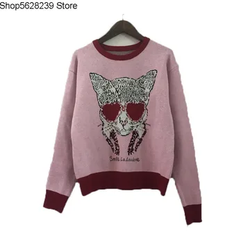 

Cat Cartoon Round Neck Pullover Long Sleeve Knitting Shirt Sweet Pink Student Sweater Female