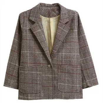 

Classic Ol Plaid Single Breasted Women Jacket Blazer Office Lady Notched Collar Female Pockets Loose Jackets