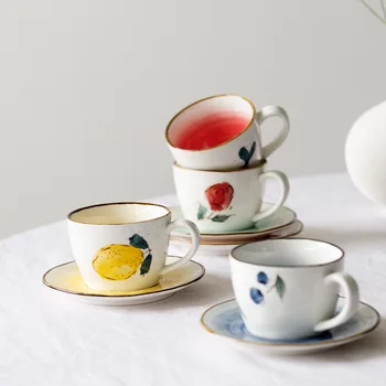 

New Arrival Japanese Style Ceramic Cup and Saucer 180ml Coffee Set Tea Set Nordic Style Fruit Pattern Coffee Cup