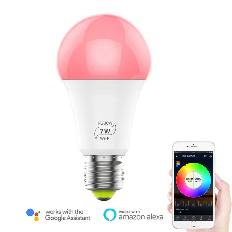 New Wireless Smart WiFi Light Bulb Led Lamp 7W RGB E27 Wake-Up Warm Lights Work with Alexa Google Home Lights 1pcs