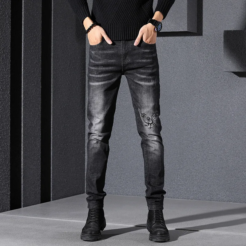 

Autumn New Style Men Printed Black Jeans Loose Straight Slim Fit Elasticity Men's Trousers