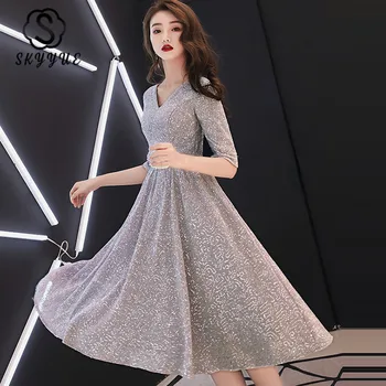 

Skyyue A-Line Prom Dress Vestidos De Fiesta K148 Silver Gray Sequins Elegant Party Gown V-Neck Half Sleeve Knee-Length Prom Gown