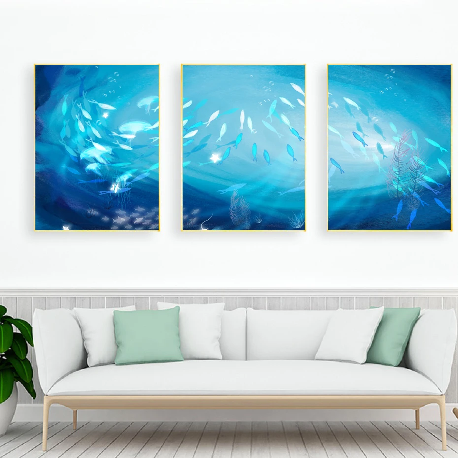 

3 Pieces Nordic Wall Art Prints Blue Fish Canvas Paintings Sea Animals Wall Art Prints for Living Room Home Decor