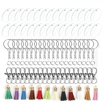 

132Pcs/Set Clear Acrylic Circle Discs Kits Keychain Blanks + Keychain Tassels