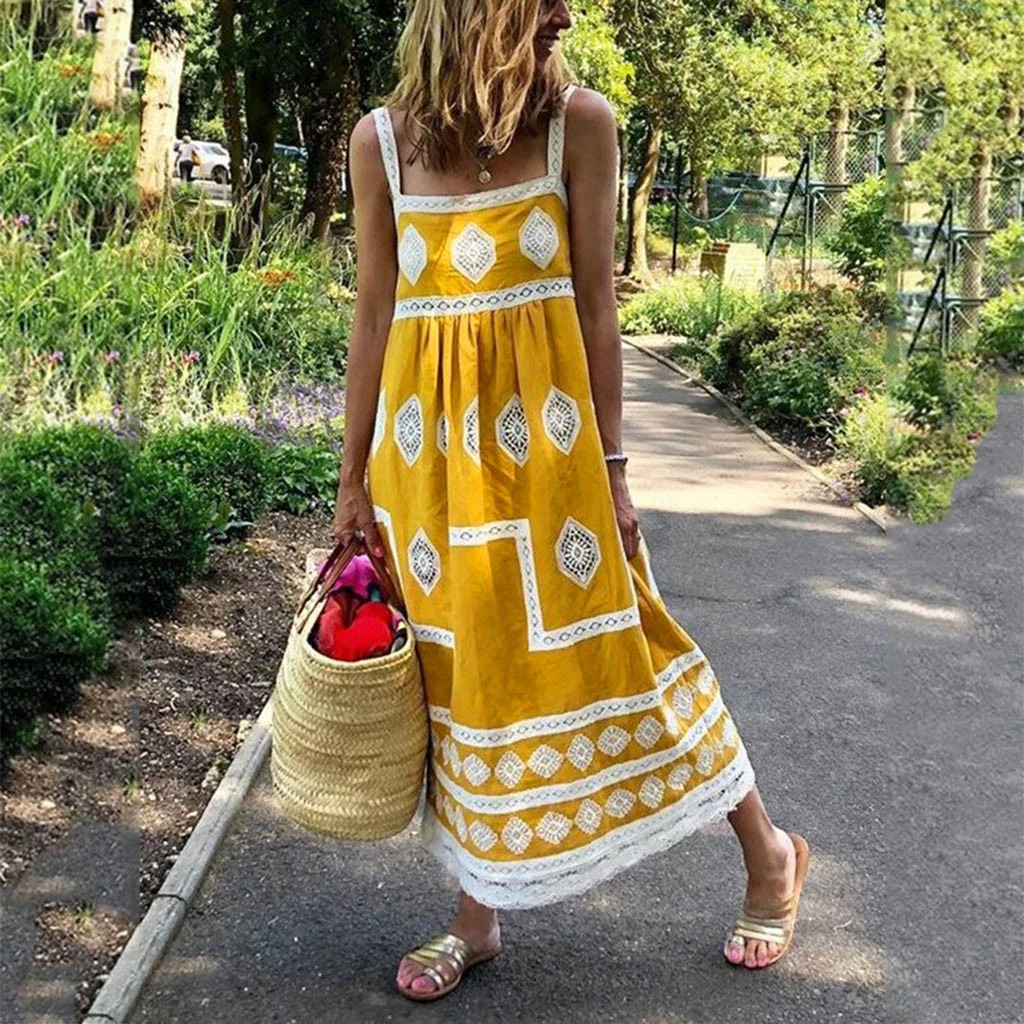 Vestido de verano de las mujeres de talla grande de moda vestido estampado Boho playa Casual vacaciones gótico amarillo Color azul verde africana|Vestidos| - AliExpress