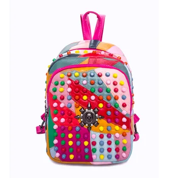

European fashion Punk backpack for college student women bag pack rivet genuine leather colorful bags