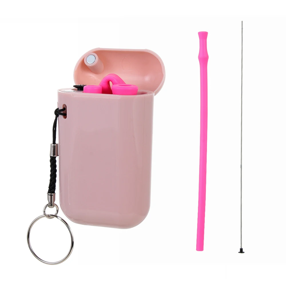 Collapsible Silicone Straw Reusable Folding Drinking Straw with Carrying Case and Cleaning Brush for Travel Party Bar Accessory