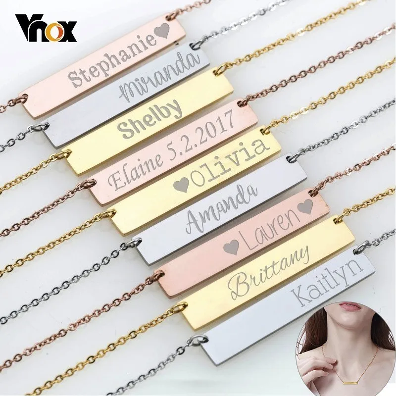 Vnox Гравировка Персонализированные барные ожерелья для женщин нержавеющая сталь горизонтальные ID девушка чокер специальный заказ подарок на день рождения