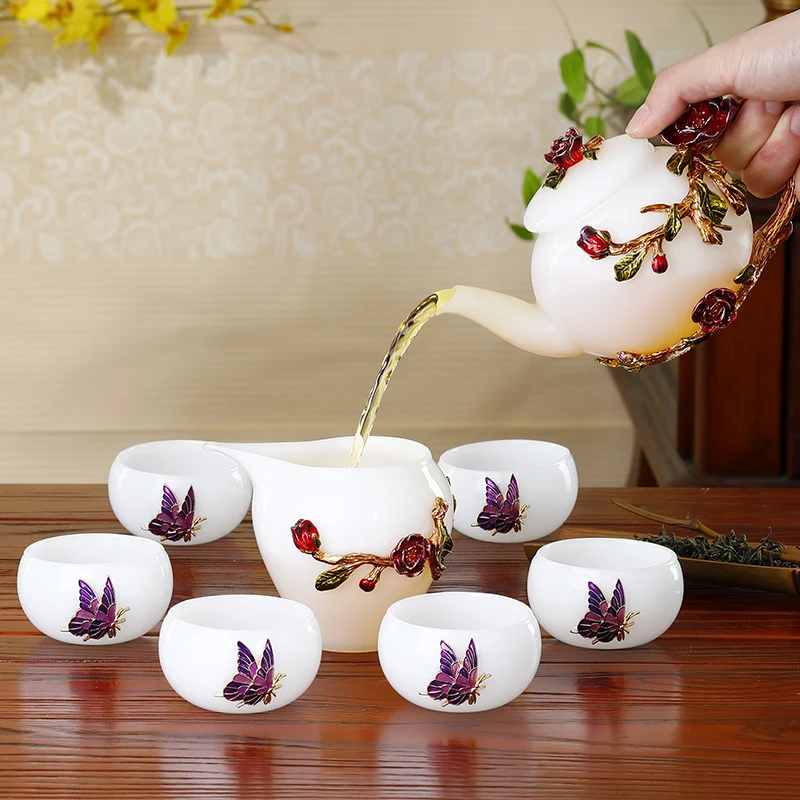 

Enamel Color White Jade Porcelain Kung Fu Tea Set Household Tea Cup Teapot Set Ceramic Handmade Tea Cup Tea Cup Set