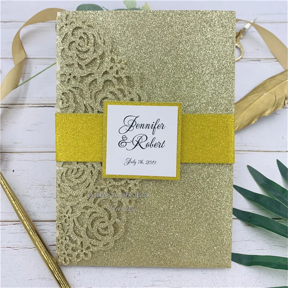  Glitter Silver Trifold Laser Wedding Invites with RSVP Card Belly Band And Tag With Monogram - 4.00048E+12