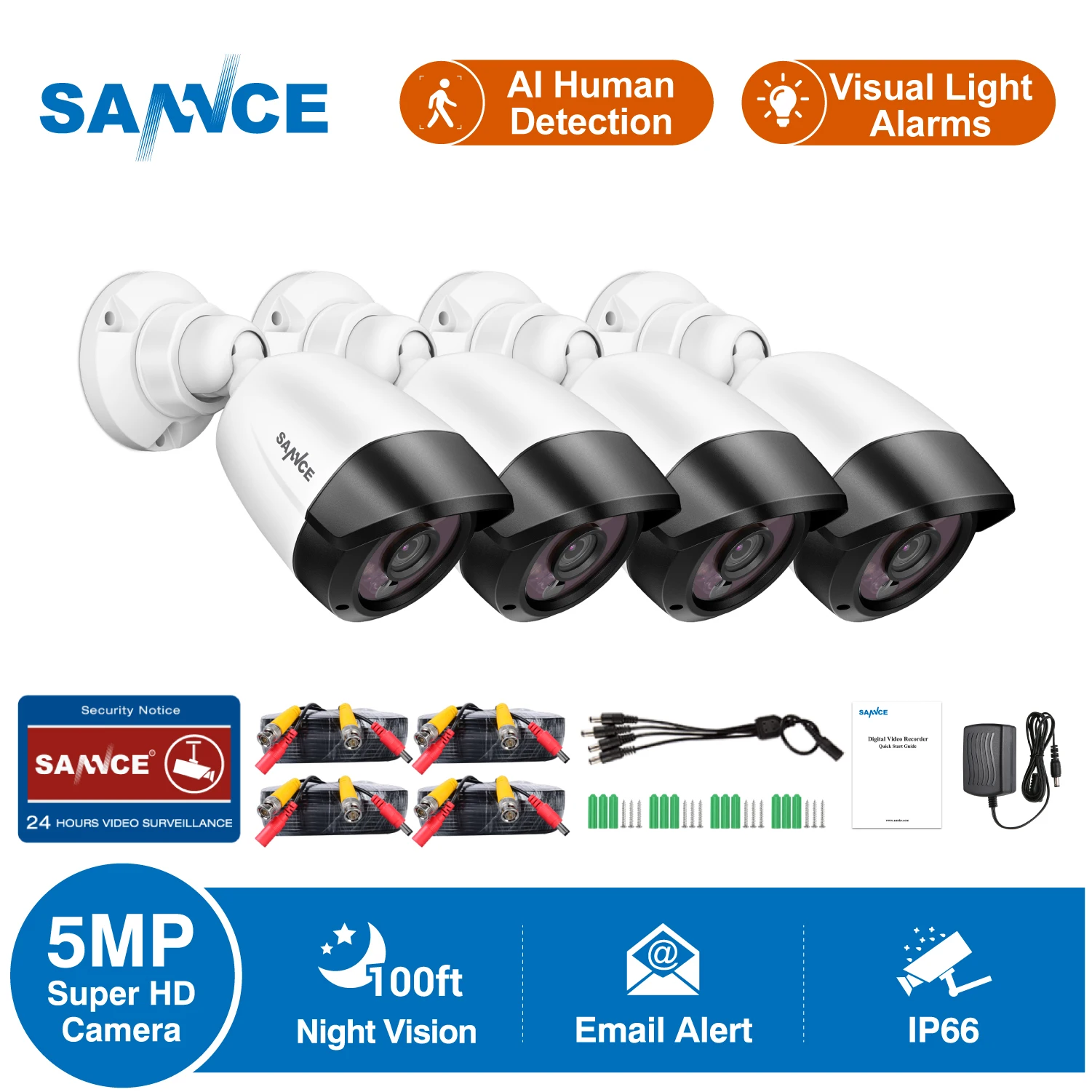 

SANNCE 4pcs CCTV Security Camera 5MP Super HD Video Surveillance IR Night Vision AI Human Detection IP66 Waterproof Camera Kit