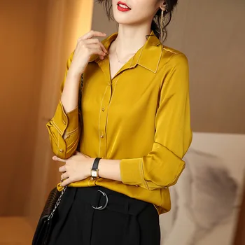 

Office Lady Silk blouse women 2020 spring new fashion Turn-down Collar yellow womens clothing Long sleeve shirts Simple style