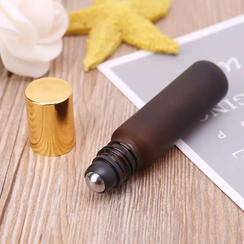 

5Pcs 10ml Amber Roll On Glass Bottles Metal Roller Ball For Perfume Essential Oil Empty Refillable With Stickers Labels Set 72XF