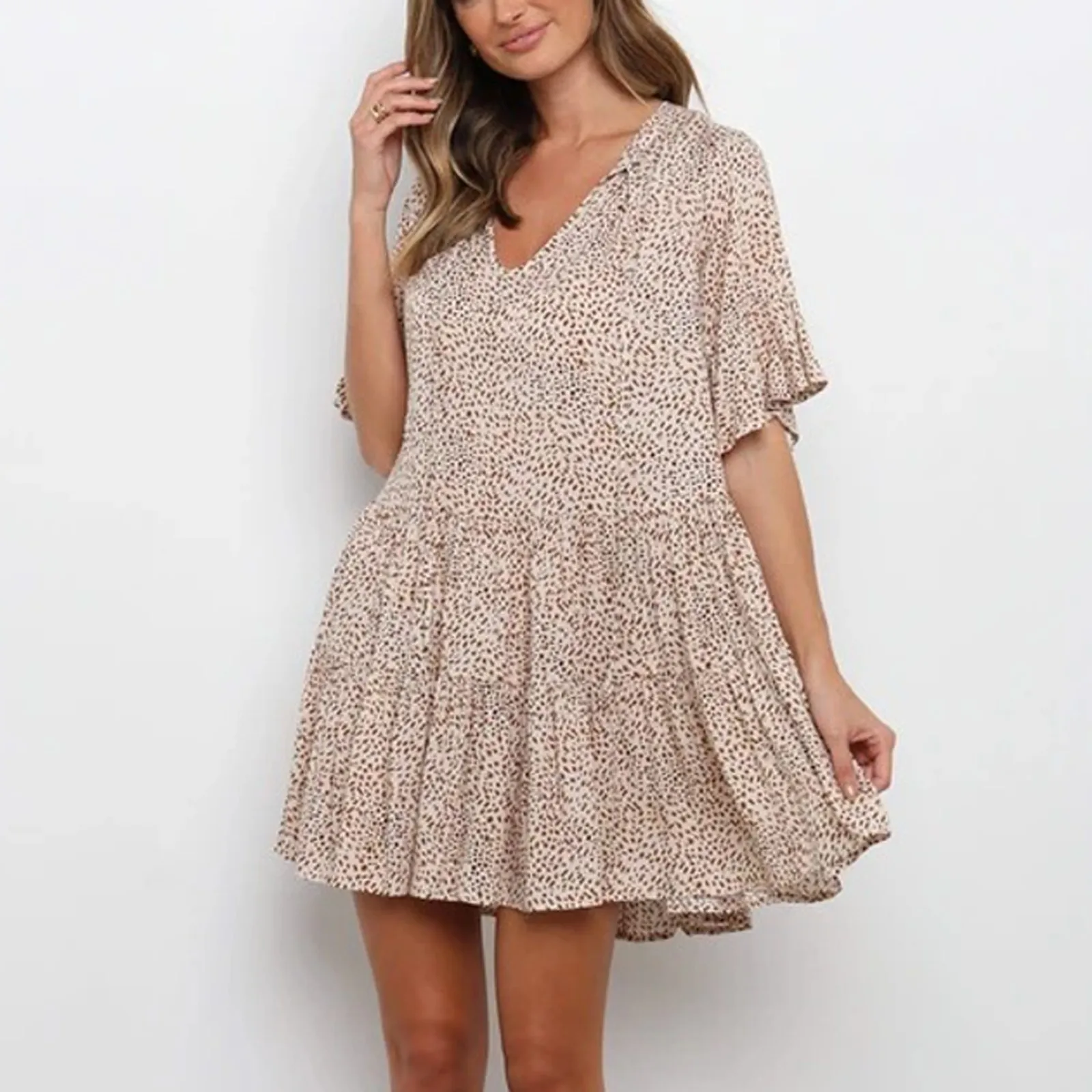 Summer Women's Beach Holiday Dresses Fashion Shattered Flowers Print Lacing Short Sleeve Comfy Casual Min Dress Vestidos Женский 2