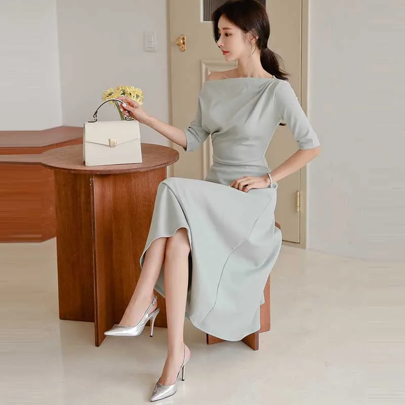 Elegant OL Professional Dress Female Summer New Sexy Strapless Slim Big Swing Dress Women Party Long Dress Vestidos 2020 Office