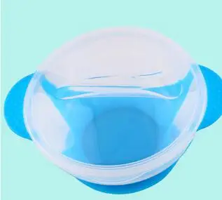 Детская Посуда столовая посуда всасывающая чаша с ложка с датчиком температуры детская чаша крышка Ложка Вилка для обеда мальчик миска для питомца посуда - Цвет: blue bowl cover