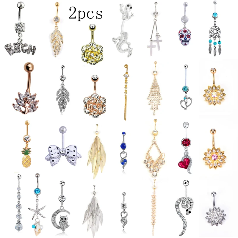 2Pcs Surgical Steel Navel Belly Button Ring Barbell Zircon Heart Piercing Sexy Belly Bars Belly Button Rings Belly Piercing