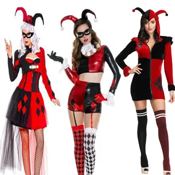 

New joker Costume clothing for girls Joker Clown Circus Costumes Adult Women Halloween Party Harlequin Cosplay black red Dress