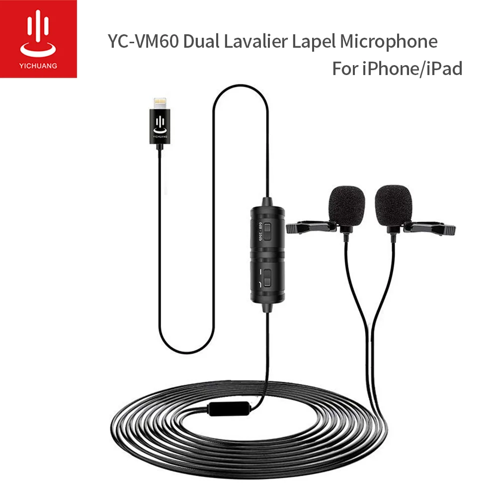 

YICHAUNG VM60 Dual Head Lavalier Microphone Lightning Plug mini Lavalier Lapel Microphone for iPhone 7/8/11/12/ XR/iPad