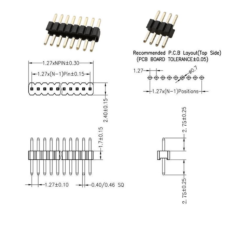 10Pcs 1.27 mm Single Row Male Female Plug Socket Breakaway PCB Board Pin Header Connector 1.27 Strip Pinheader 2P-50 Pin