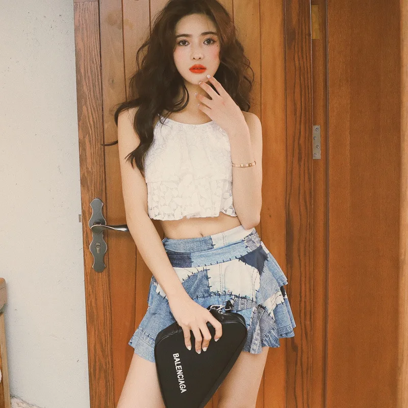 

Two-piece Swimsuits Women's Three-piece Set Skirt Belly Covering Conservative Boxer South Korea Hipster GIRL'S Small Bust Gather