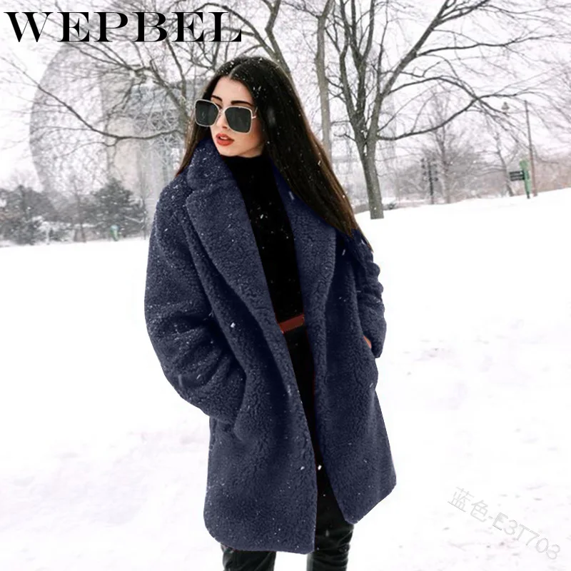 WEPBEL Женское шерстяное пальто с длинным рукавом, куртка на осень и зиму, теплая плотная однотонная женская шерстяная верхняя одежда