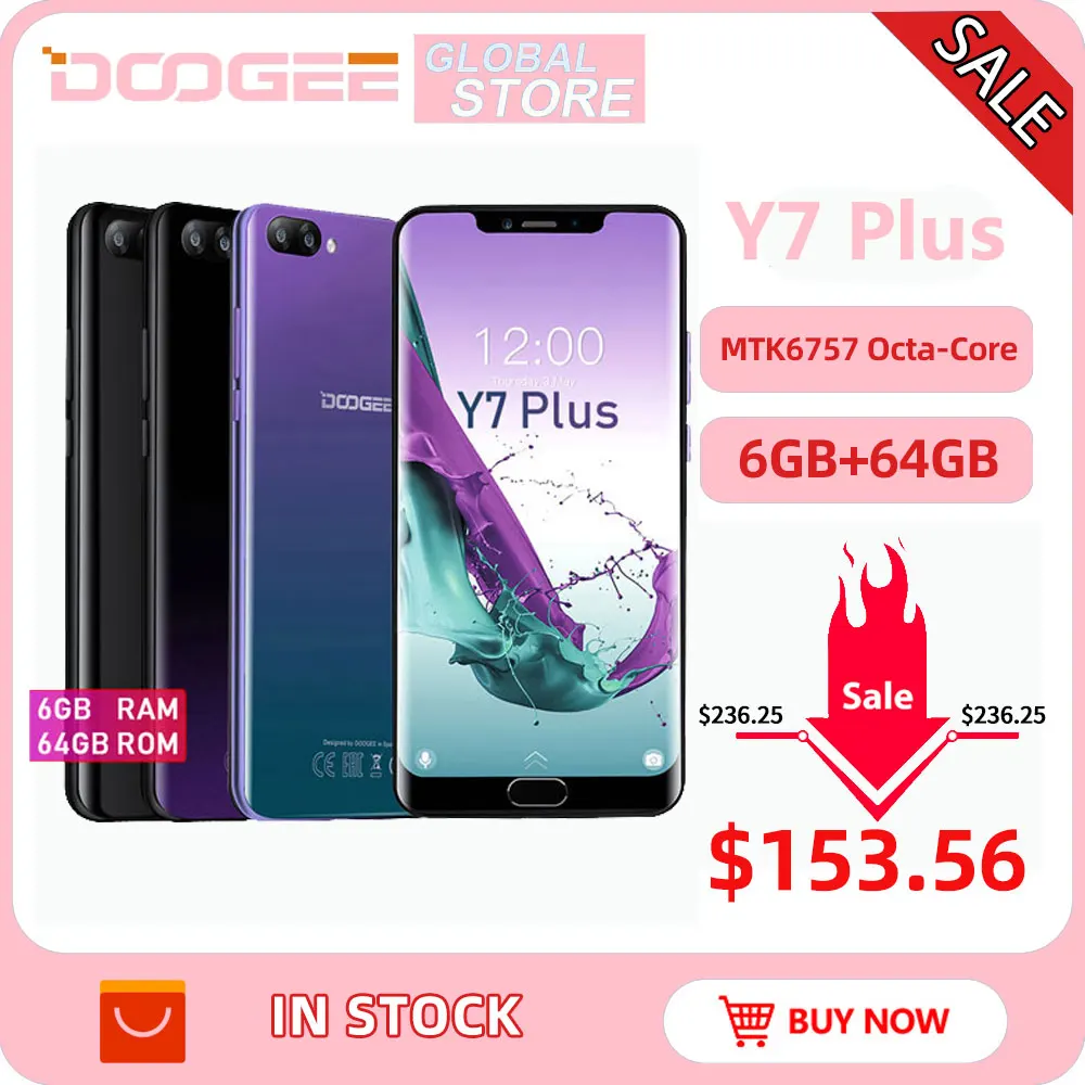 DOOGEE Y7 Plus мобильный телефон MTK6757 Восьмиядерный 2,5 ГГц 6 ГБ ОЗУ 64 Гб ПЗУ 6,18 дюймов 1080*2246 экран 16,0 Мп+ 13,0 МП 5080 мАч Android 8,1