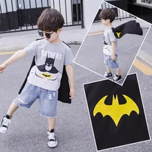 Детская футболка с короткими рукавами и принтом Супермена; Новинка года; Стильная летняя детская одежда; топ с короткими рукавами и мантией для мальчиков