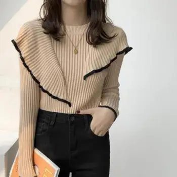 

FMFSSOM Spring Autumn Ruffles Slim Wool Knitted Long Sleeve Women Lady Female Pullover Sweater