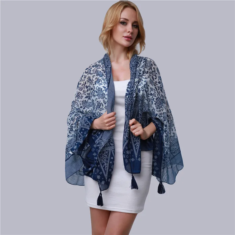 

Women Long Scarf 2023 Tassel Wraps Summer Elegant Blue And White Porcelain Print Female National Style Beach Shawls