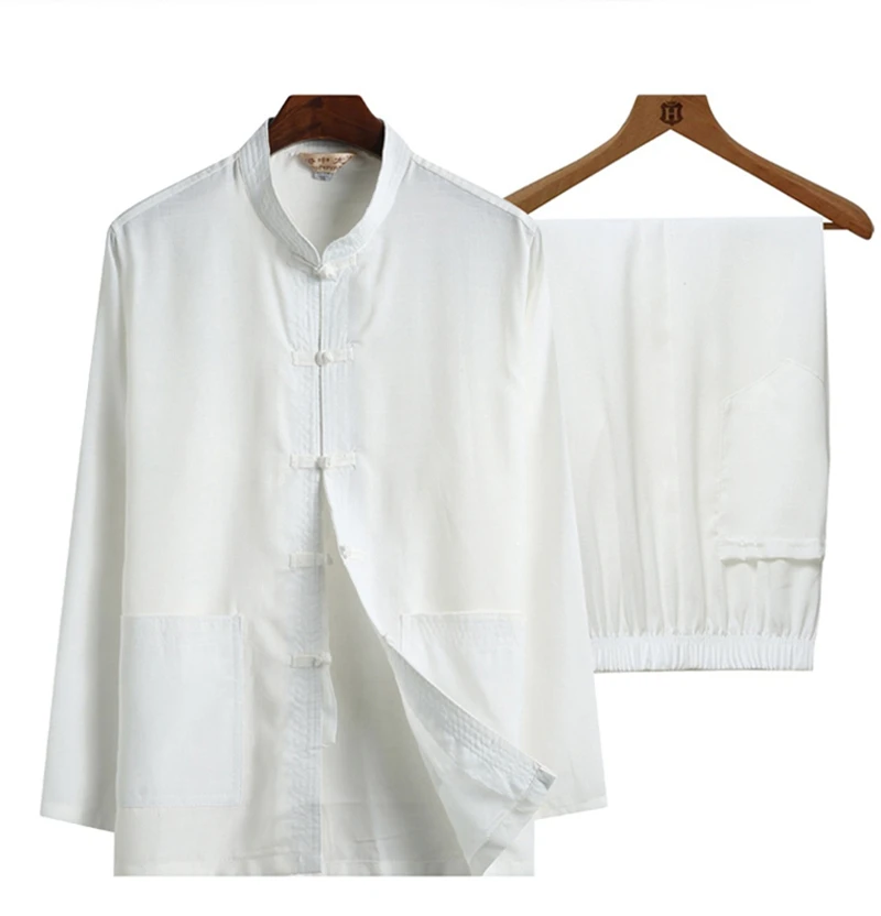 Plus Size4XL(Long Sleeve Shirt+Pant)Pure Color Cotton Linen 2PcsSet Men Kung Fu Tai Chi Suit ClassicWu Shu Clothing For Father