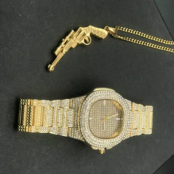 

Hip Hop Men Gold Color Watch and Necklace Set Hip Hop Ice Out Cuban Chain AK47 Pendant w/ 24" Box Chain Necklace For Men
