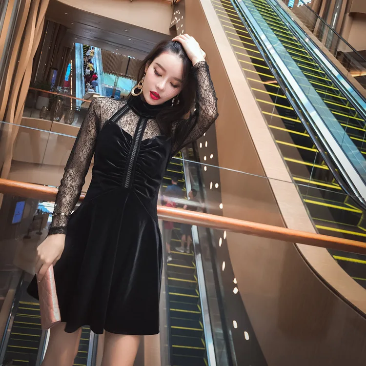 

WOMEN'S Dress 2018 Autumn Sexy New Products WOMEN'S Dress Velvet Joint Lace Transparent A- line Short Skirt Dress