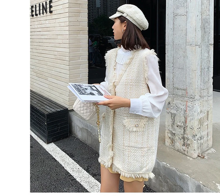 Women New Retro Black Beige Plaid Tweed Vest Houndstooth Waistcoat Pockets Long Sleeveless Tassel Jacket Outerwear Female Tops