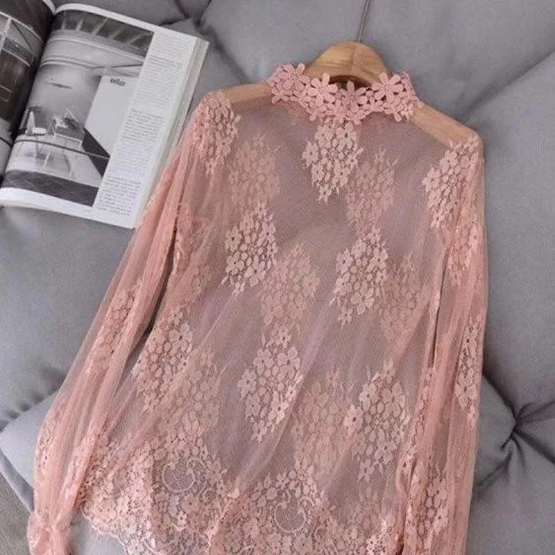 Light pink Womens Long Flare Sleeve Sheer Mesh Blouse Hollow Out Embroidered Floral Lace Shirt Swimsuit Cover Up Ruffle Neck Solid Color - Цвет: Light pink