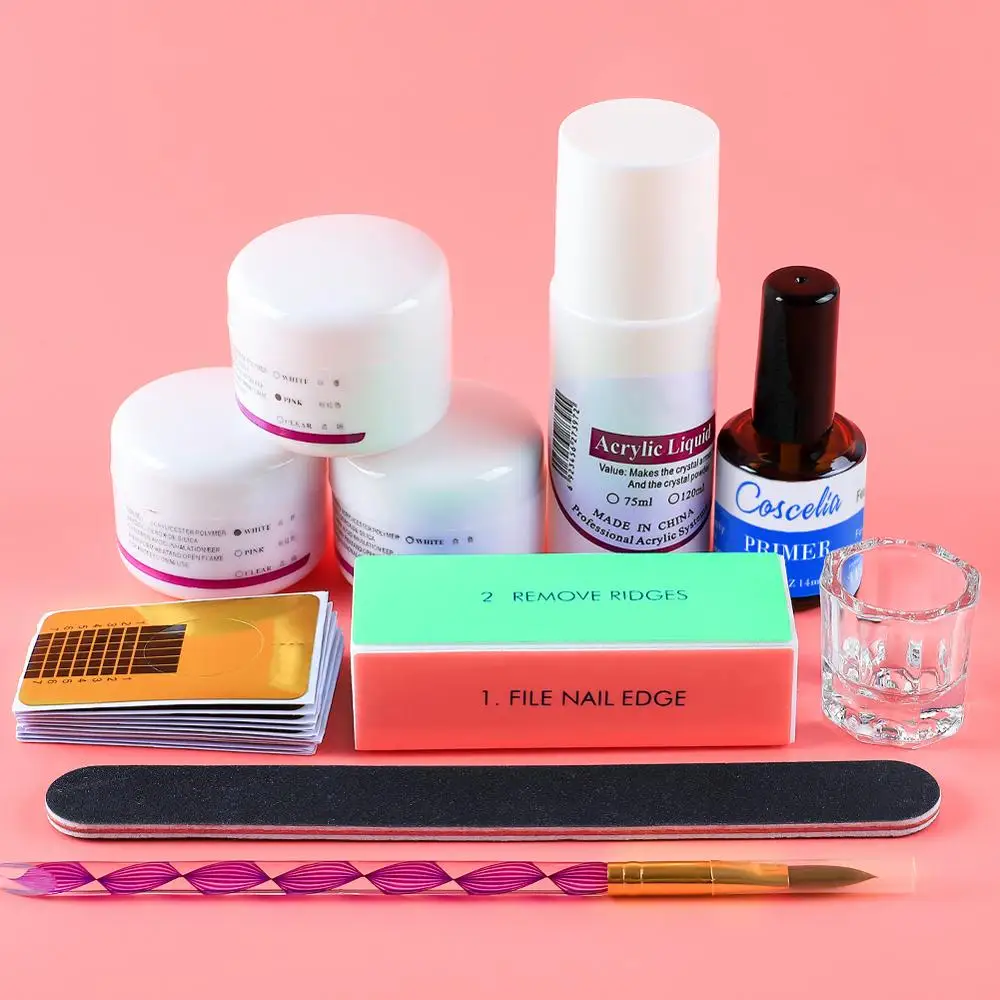 Акриловый Набор для нейл-арта, маникюрный набор, кисть для нейл-арта, набор инструментов для начинающих, накладные кончики, Хрустальная пудра, акриловая ручка