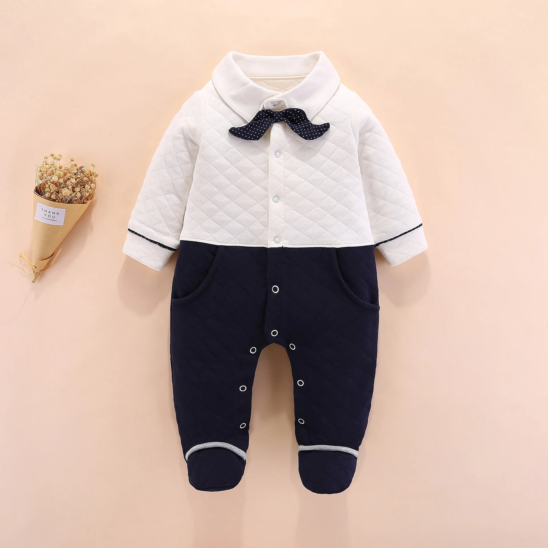 

2019 Clothes for Babies Autumn New Style Padded Male Baby Foot-closed Onesie/Crawling Clothes Europe And America Gentleman Case