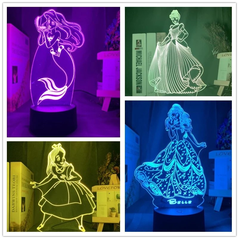 Disney Princess 3D Visual Lamp Alice Cinderella Jasmine Figure LED Night Light Children Gift Toys Bedroom Decortive Table | Лампы и