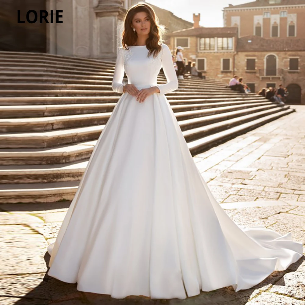 

LORIE 2020 Muslim White Satin Wedding Dresses with Full Sleeve Beach A-line Bridel Gown Court Train Lace Appliques Wedding Gown