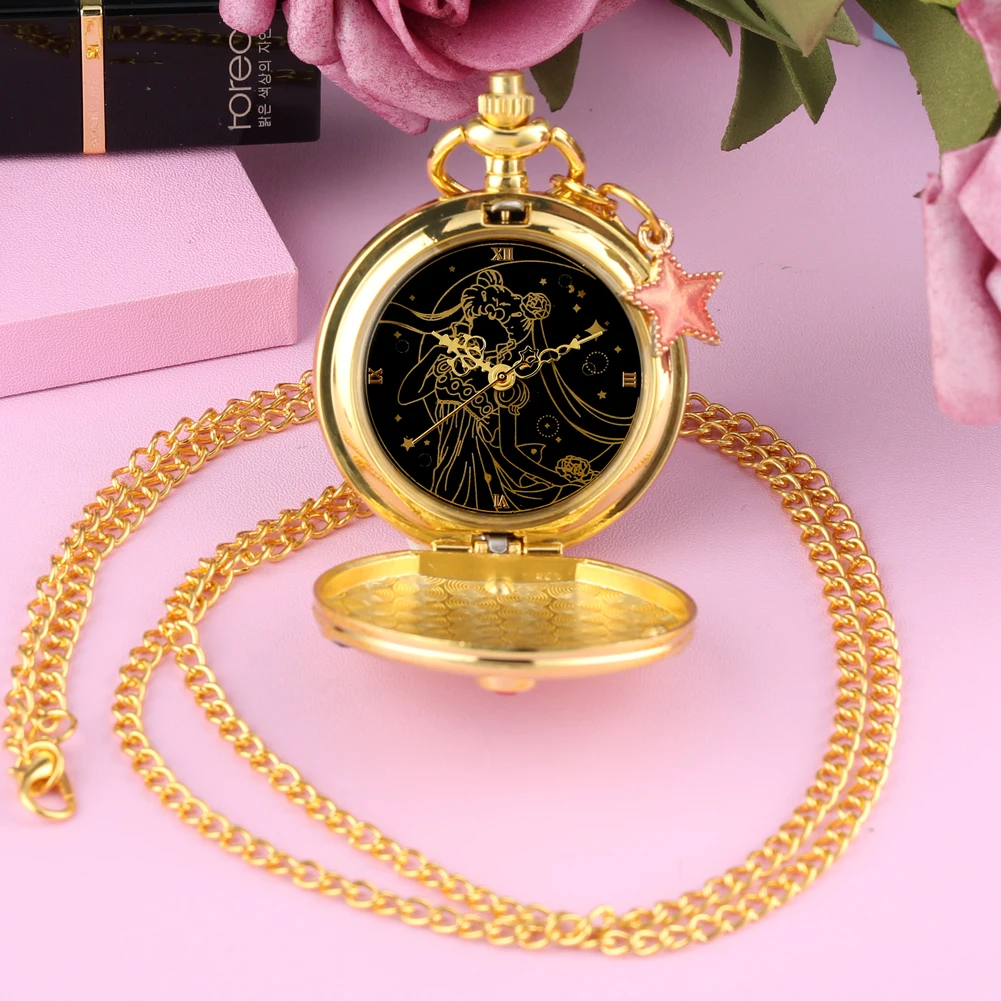 Attractive Sailor Moon Dial Clock for Female Red Star Pendant Pocket Watch Slim Chain Necklace for 2