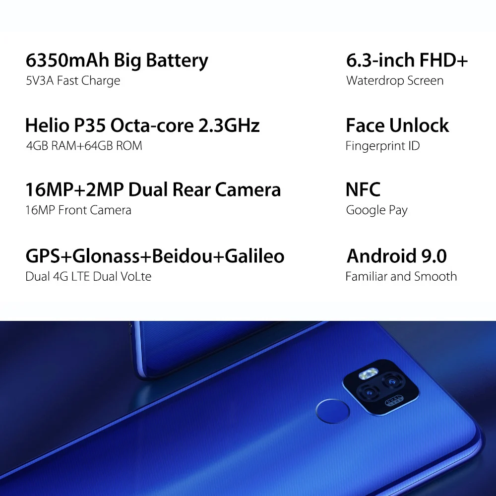 Смартфон Ulefone power 6, 4 ГБ, 64 ГБ, Android 9,0, 6350 мАч, 6,3 дюймов, FHD+ 16 Мп+ 16 МП, Helio P35, четыре ядра, NFC, Face ID, 4G