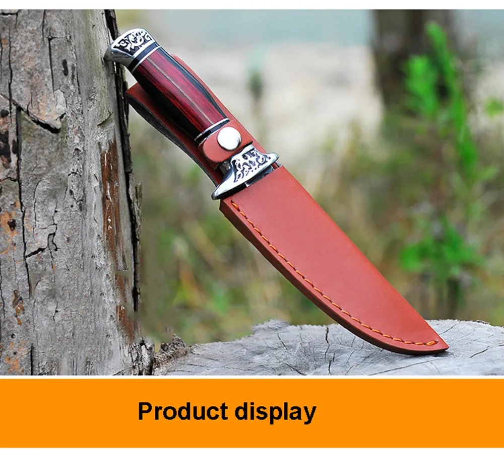 Wooden Handle Straight Knife 5cr13mov Hunting Knife Outdoor Camping Tactical Fixed Blade Pocket Survival Knives Leather Cover