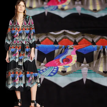 

White waxberry 12momme woodpecker printed 100% silk crepe de chine materials summer dress shirt DIY clothes fabrics Freeshipping