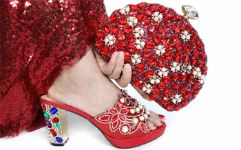 

Luxury Red High Heel Pumps Shoes And Purse Bag Set With Crystal Stones GL2 Heel Height 8.5 CM