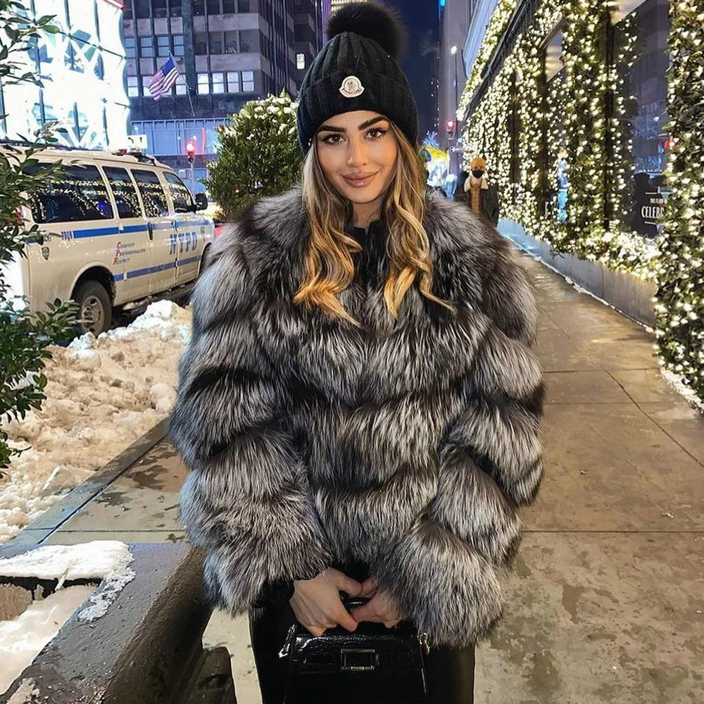 Fashion Real Silver Fox Fur Jacket Round Collar Women New High Quality Genuine Ful Pelt Silver Fox Fur Coats Female Overcoats
