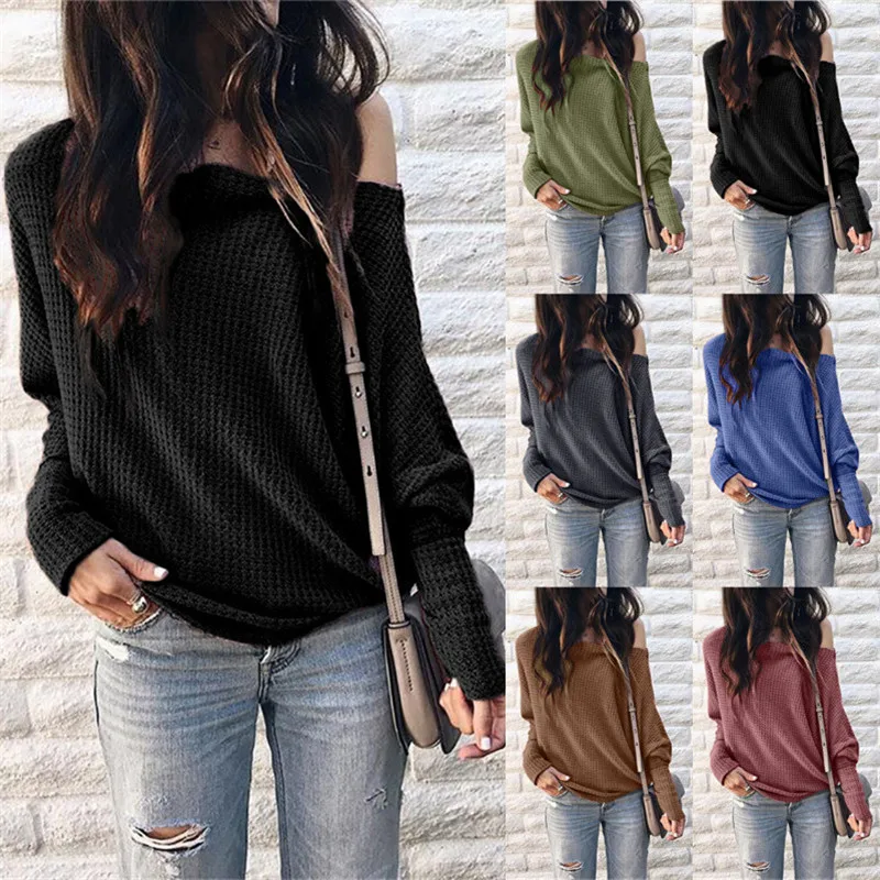 

6 Colors Single Strapless Batwing Sleeve Solid Color Waffle Loose Knitted Women T-shirt